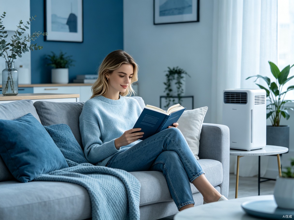 Woman reading comfortably in a cool living room
